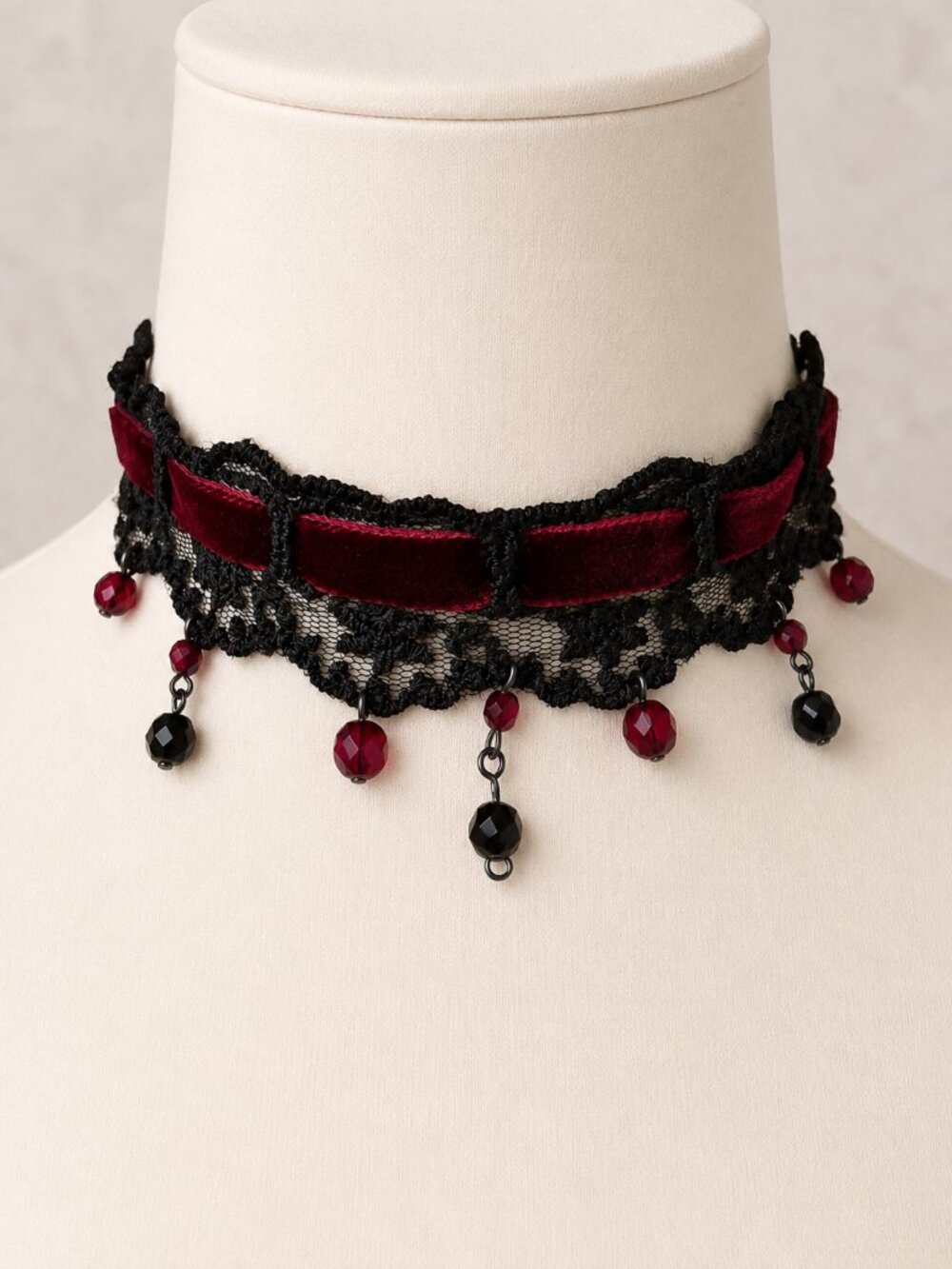 Vogline Paris Black Lace Burgundy Velvet Crystal Drop Choker Made in France